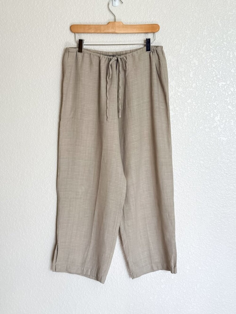 Eileen Fisher Pants Women's Medium Petite Tan Linen Blend Wide Leg Drawstring
